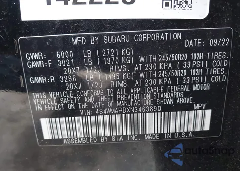 2022 Subaru Ascent Touring z USA, uszkodzony, nr VIN 4S4WMARDXN3463890